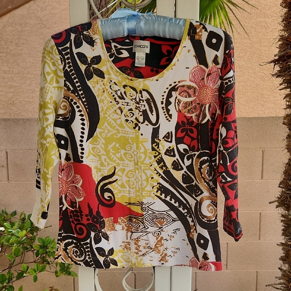 Chico's Red and Yellow Graphic 3/4 Sleeve Blouse Womens Size 0 - Picture 1 of 4